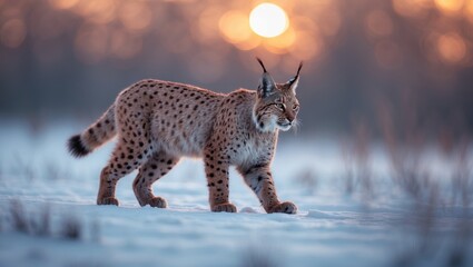 Obraz premium Lynx at a chilly dawn. Young lynx strolls through snow on a frosty morning. Stunning wild feline in winter wilderness. Predator in its natural environment. Creature with dappled orange coat.