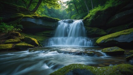 Waterfall nestled in dense forest at National Park