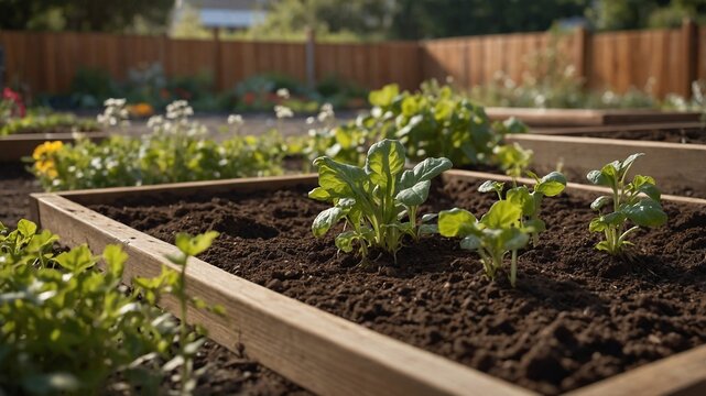 Um canteiro exuberante exibindo mudas de espinafre em um jardim pr&oacute;spero e ensolarado.