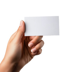 Obraz premium A person holding a blank business name card against a clean transparent background in bright lighting, hand holding blank business name card on transparent backgroundfile