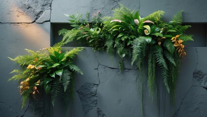 Decorative wall with faux plants, vertical garden decor using artificial foliage