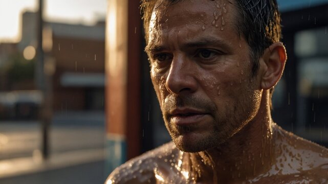Um close-up de um homem musculoso e determinado, encharcado de suor, na chuva ao ar livre.