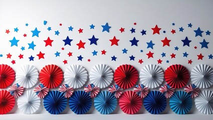 Obraz premium White, blue, and red paper fans with confetti stars on a white table. Holiday sale banner creation.