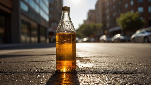 Uma garrafa cheia de um l&iacute;quido dourado est&aacute; em uma rua da cidade, banhada pela luz quente do sol.
