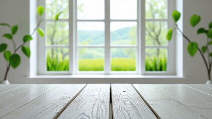 Fototapeta premium Blank white table backdrop for your decor and a spring window featuring a green plant.