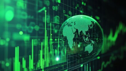 Globe with world map overlayed on green stock market chart background.