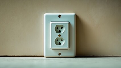 Plastic white outlet with grounding on a backdrop. Wall showcasing blank space. Minimalist approach.