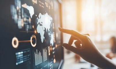 Hand touches screen displaying world map data charts and graphs.