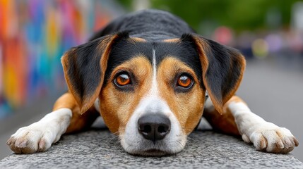 Dog is laying on a cement surface with its head down. The dog has brown and black fur and its eyes are open