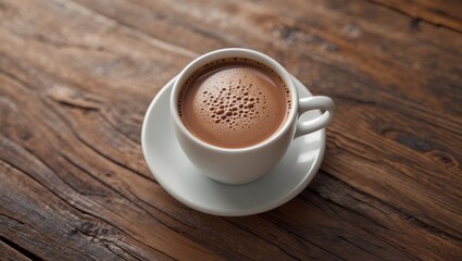 Obraz premium Trendy healthy beverage in a white cup on a wooden backdrop, top view, with ample copy space