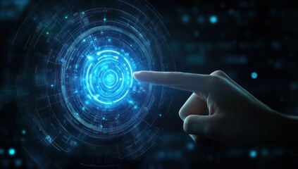 Hand touches a glowing blue futuristic interface with circular patterns and bokeh.