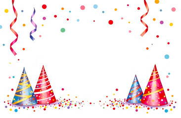 Mockup of bright festive confetti frame with party hats on white background with space for text.
