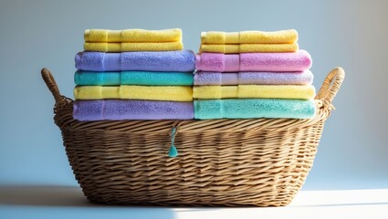 Clean towels in a wicker laundry basket