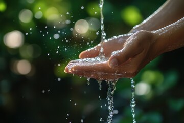 Hands cupped holding water with a blurred green background outdoors.