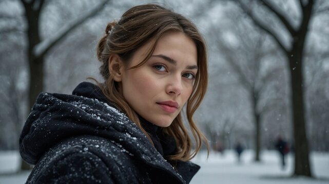 Uma linda jovem posa em um parque de inverno durante uma nevasca com um olhar pensativo.