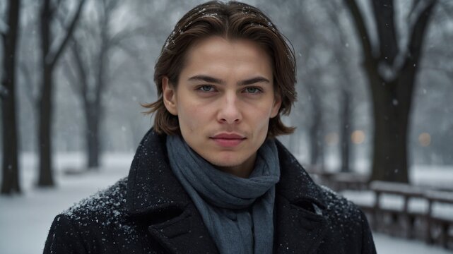 Um homem jovem e bonito de olhos azuis olha seriamente para o parque coberto de neve
