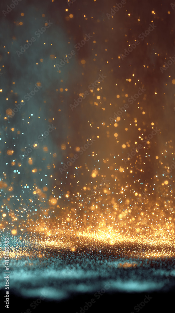Poster Abstract image of golden and teal glitter particles, creating a sparkling and luxurious effect, showcasing a festive or celebratory mood, ideal for background or design elements
