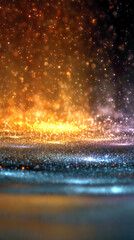 Abstract background of glittering particles, gold and blue tones, creating a shimmering, festive effect, ideal for celebratory designs or luxurious branding