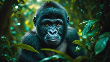 Obraz premium wild baby silverback gorilla peering through the jungle