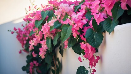 White wall adorned with bougainvillea and pink vines