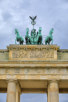 Germany, Berlin. Brandenburg Gate. Copper chariot with horses statue.