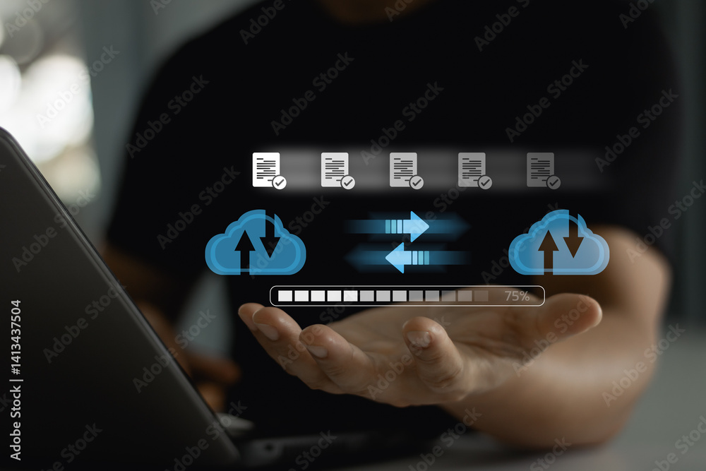 Aufkleber data transfer technology concept. cloud backup data download management, exchange file copy, dms loa