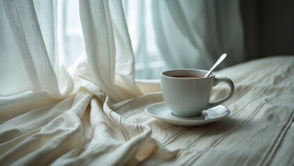 Fototapeta premium Bed with a white coffee cup on it.