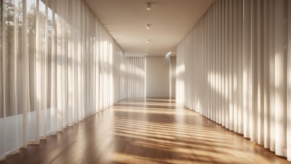 Fototapeta premium Shallow depth of field in a room featuring white striped curtains