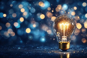 Light bulb glowing with bokeh lights in background creating a festive atmosphere.