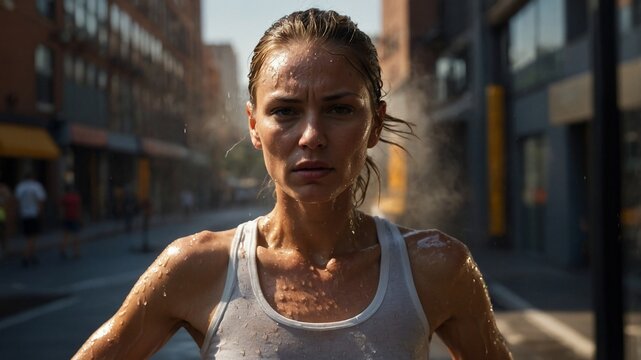 Uma mulher suada faz uma pausa durante sua corrida, parecendo determinada e focada em um ambiente urbano.