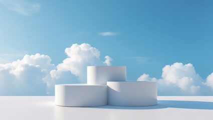 Cylindrical white podium featuring two tiers for product display in the background.
