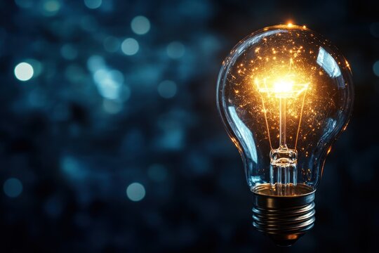 Light bulb glowing brightly against a dark blue bokeh background. - Powered by Adobe