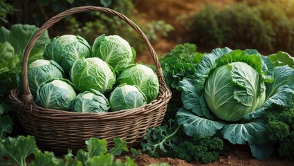 Wicker basket containing harvested cabbage heads, gathering cabbage in the garden