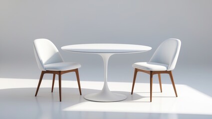 Round white table with two chairs on a white background