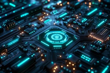 Fototapeta premium A futuristic computer circuit board with glowing digital components