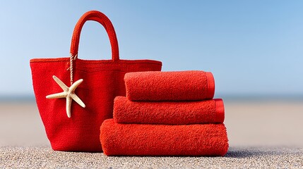 Red beach bag with a starfish charm hanging from the handle. Three red towels are stacked on top of the bag