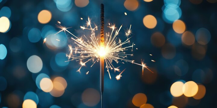 Sparkler burning with bokeh lights in background creating a festive mood. - Powered by Adobe