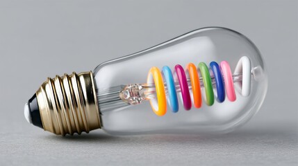 Bulb with rainbow colored rings is shown. The bulb is a light bulb that is shaped like a spiral. The bulb is made of glass and has a gold base. The bulb is placed on a gray surface