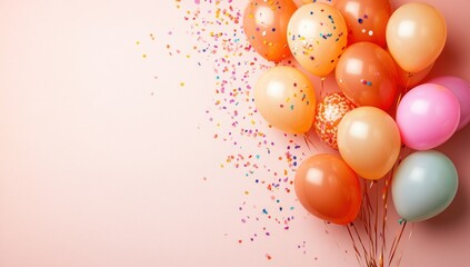 Bunch of balloons with confetti on a pink background celebration or party.