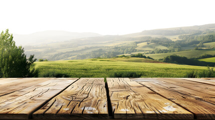 Professional backdrop with empty wooden table overlooking serene summer countryside