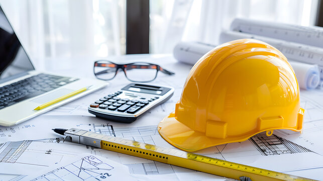 Professional Engineer Safety Helmet Inspection with Technical Drawings for Construction Site