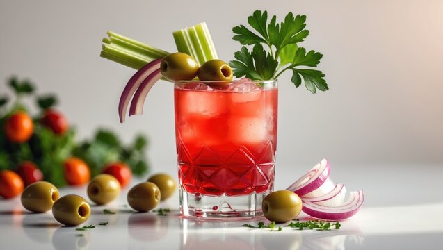 Tomato juice and vodka cocktail presented in a large glass on a white surface.