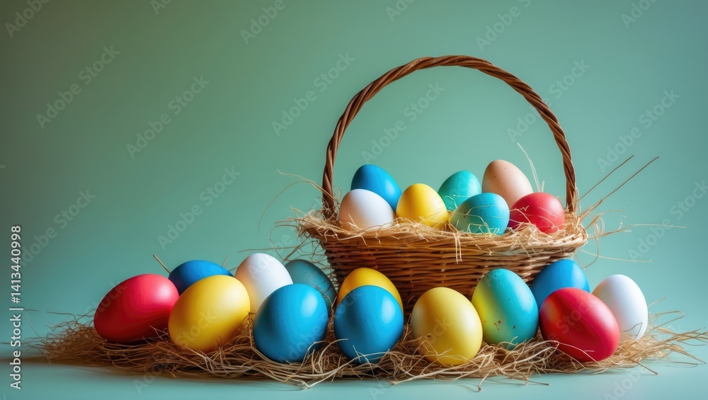 Poster colored eggs in an easter basket on a backdrop.