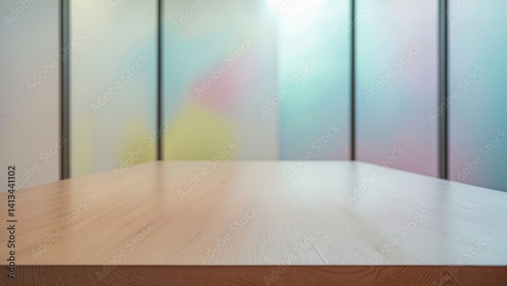 Poster abstract background featuring an empty wood table and a blurred glass window wall banner mockup - id