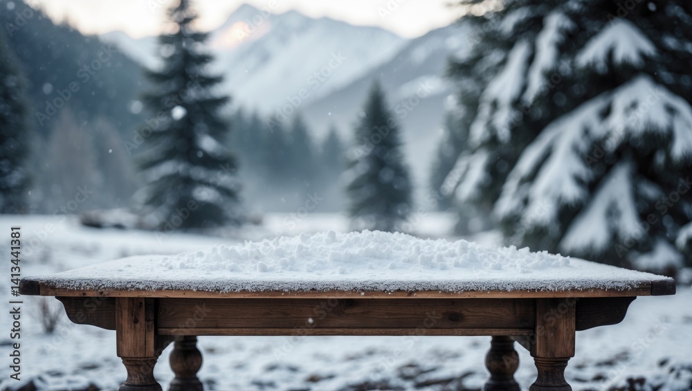 Aufkleber wooden desk adorned with snowflakes and a hazy mountain backdrop. vacant area for your merchandise. 