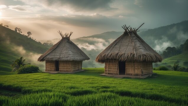 Perspective of the traditional native dwelling, constructed from earth and timber