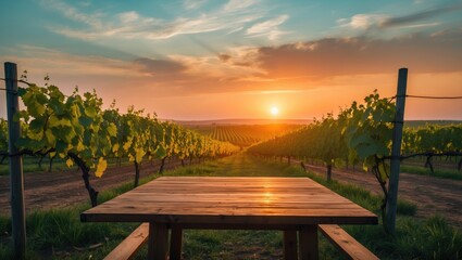Fototapeta premium Sunrise landscape featuring a wooden table and vines