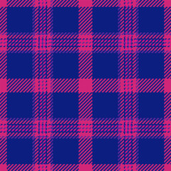 Vibrant tartan pattern in pink and blue. Seamless and classic design ideal for backgrounds, apparel, or textile projects. Adds warmth, texture and style.