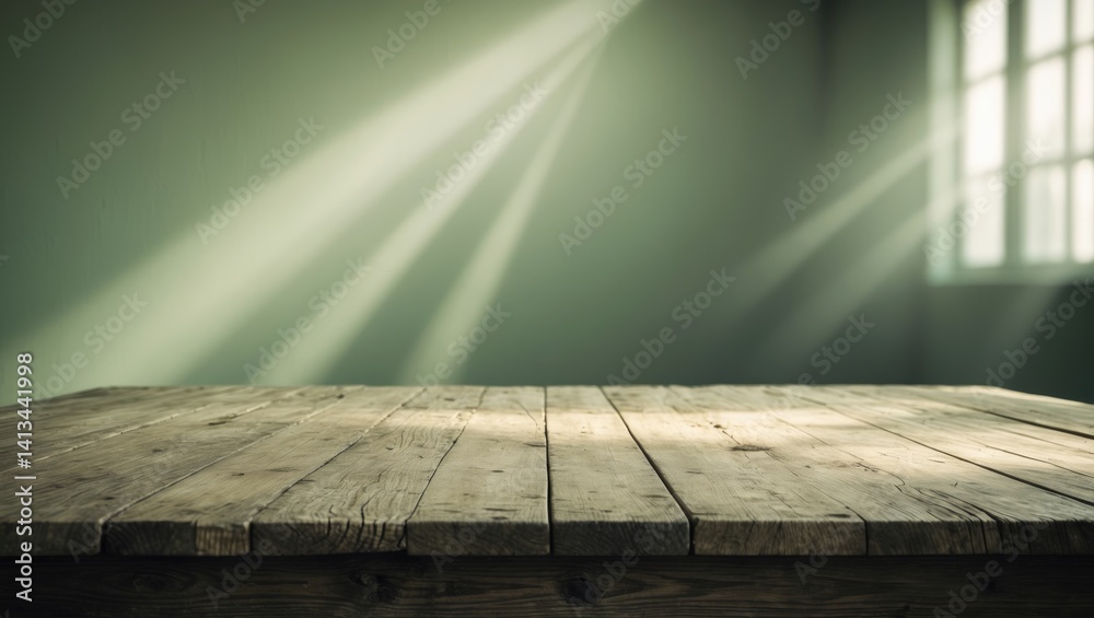 Poster tabletop crafted from natural wood, illuminated by sunlight streaming through the window on a wall b