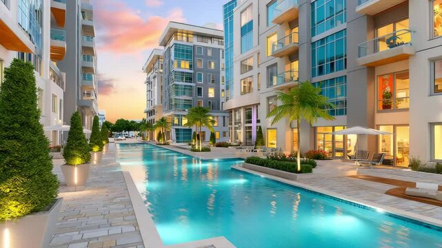 Sleek glass-paneled apartment towers with geometric balconies exuding modern elegance, framed by manicured gardens, stone pathways, and reflective pools under golden-hour sunlight, surrounded by ferns